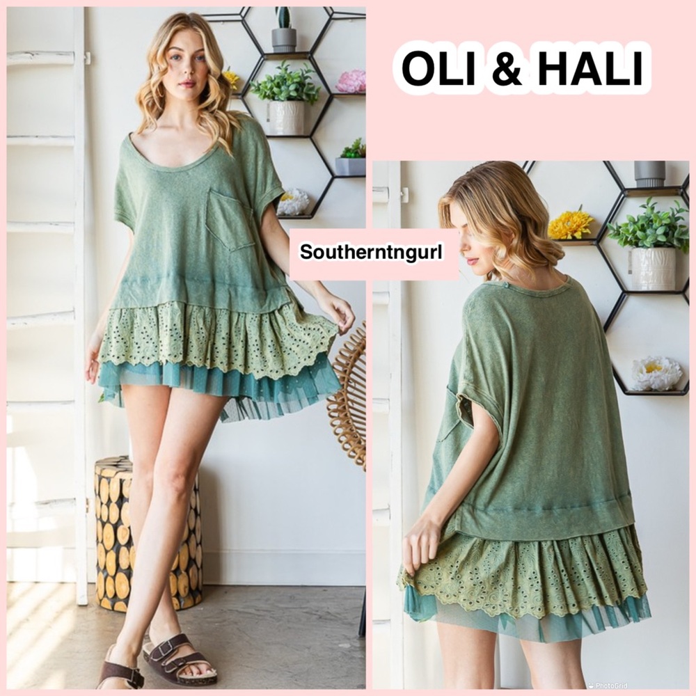 NWT OLI & HALI Oversized Mineral Washed Eyelet Short Sleeve Top Blouse Tunic